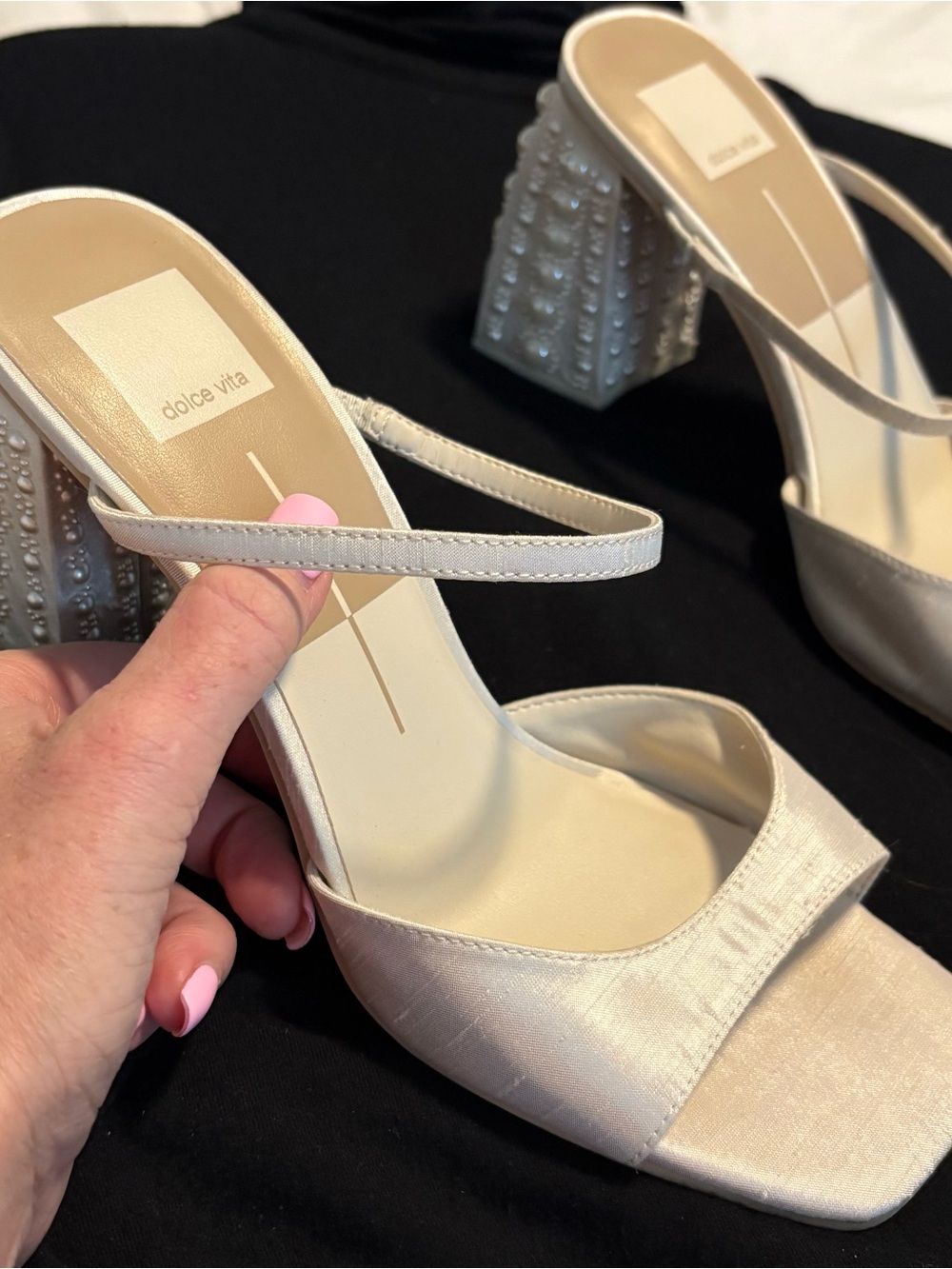 Dolce Vita Jemmy Ivory Satin Block Heel Sandals with Pearl-Embellished Heel - Picture 10 of 13